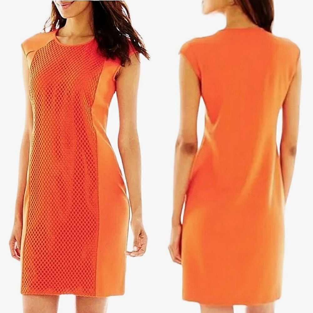 Donna Ricco Collection Orange Cap-Sleeve Fishnet Overlay Detail Sheath Dress
